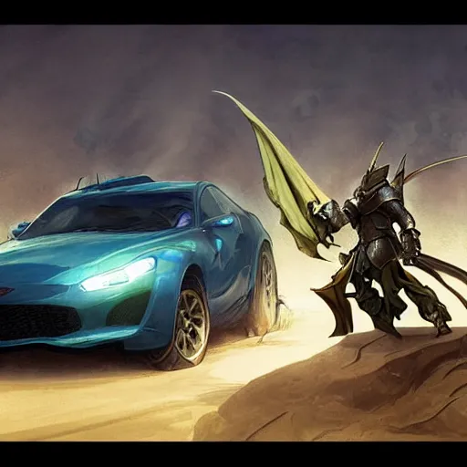 Image similar to dragon fire vs blue armor knight shield, green car hatchback, desert landscape, greg manchess, akehiko inoue and ross tran, greg rutkowski, alphonse mucha, D&D, fantasy, action