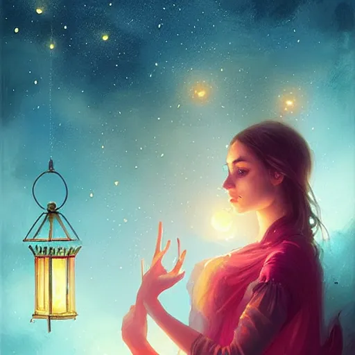 Prompt: beautiful and captivating floating lanterns in the night sky, mirror glass aesthetic. rich vivid colors, ambient lighting, dynamic lighting, 4 k, atmospheric lighting, painted, intricate, highly detailed by charlie bowater