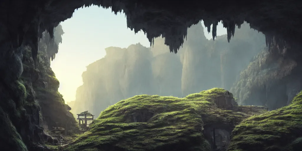 Prompt: A detailed film still of a high castle with ruined archs on the interior of a cave, hole in the top of the cave, by studio Ghibli and Pixar, octane render, cell shading, volumetric lighting, at dusk, trending on artstation, very detailed