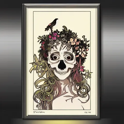 Image similar to anime manga skull portrait face skeleton with birds and nature illustration style by Alphonse Mucha and disney comic pop art nouveau