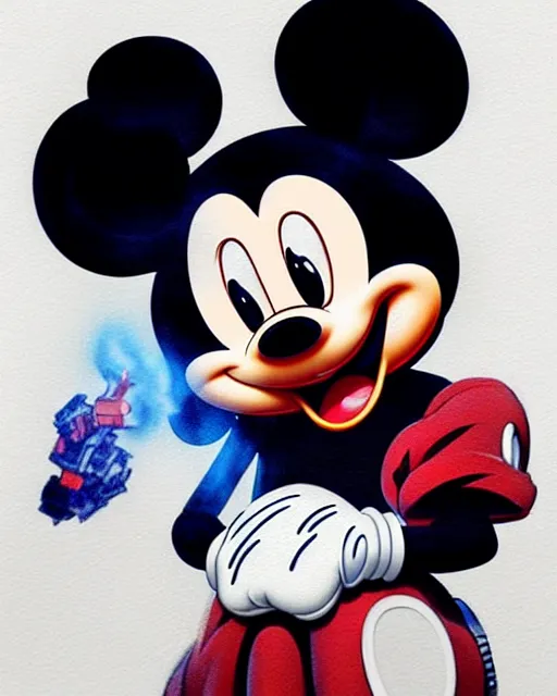 Image similar to portrait Anime Mickey Mouse smoking Sharp fine face, pretty face, realistic shaded Perfect face, fine details. Anime. cyberpunk realistic shaded lighting by katsuhiro otomo ghost-in-the-shell, magali villeneuve, artgerm, rutkowski Jeremy Lipkin and Giuseppe Dangelico Pino and Michael Garmash and Rob Rey