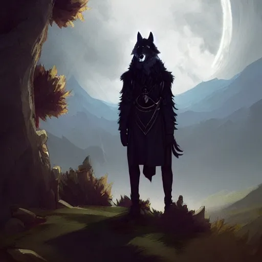 Prompt: an anthropomorphic wolf in a black doublet looking out over the hills, artstation hq, stylized, greg rutkowski, sharp focus, concept art, furaffinity fursona, furry