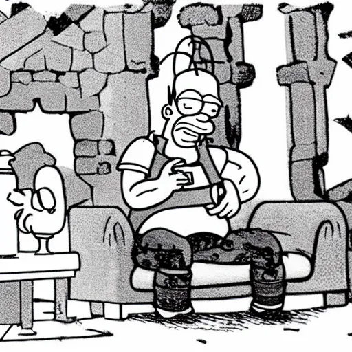 Prompt: Homer Simpson wearing sandals drinking a cup of tea in a medieval castle, 1960s Cartoon