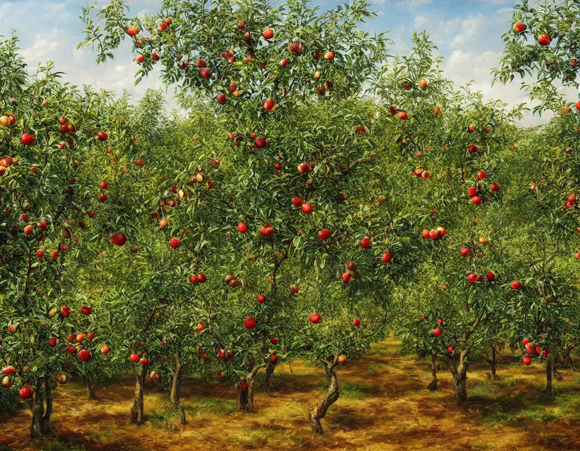 Image similar to hyper realistic oil painting of fruit orchard in garden of eden, hd, hdr, by stanisław wyspianski, ultra detailed, high resolution