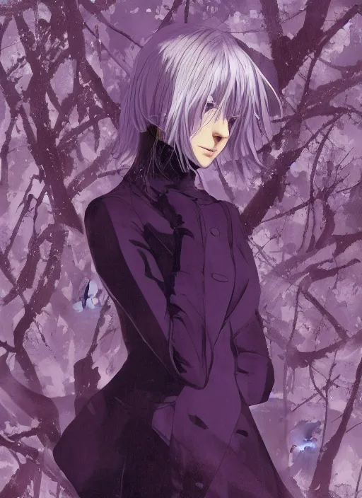 Image similar to illustration by shigenori soejima, by tatsuki fujimoto, by yoji shinakawa, tired girl, middle - parted long straight light purple hair, grey turtleneck coat, forest background, focus on face, pretty, moody lighting, painterly