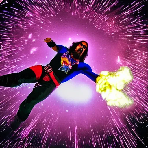 Prompt: Macho Man Randy Savage performing elbow drop from orbit. GoPro Hero 8, reentry burn, fisheye lens, High Quality, 4k