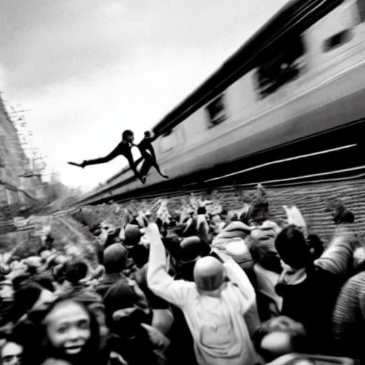 Prompt: People jumping out of the way of that movie where the train is coming right at you