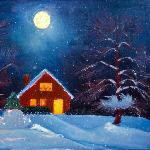 Prompt: oil painting of a small house on a snowy night, christmas lights, full moon