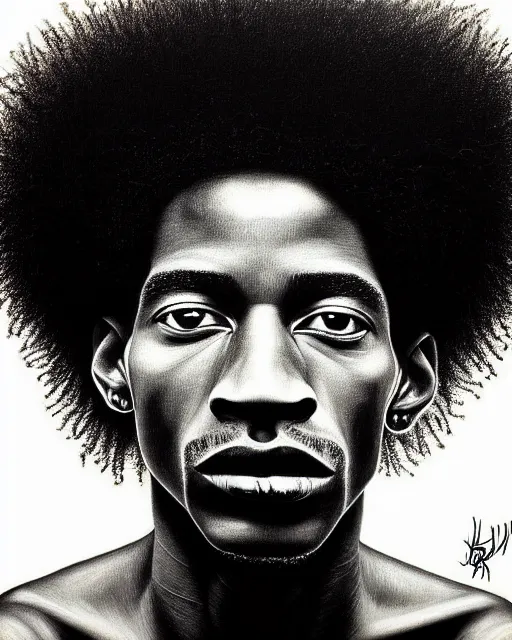 Image similar to high detailed !dream A extremely ultra highly detailed majestic hi-res beautiful immaculate head and shoulders award winning painting stunning masterpiece of the face of a strong black african man with an afro by Jean-Michel Basquiat, 8k, high textures, ultra hyper sharp, insanely detailed and intricate, super detailed, 8k HDR ultra high quality