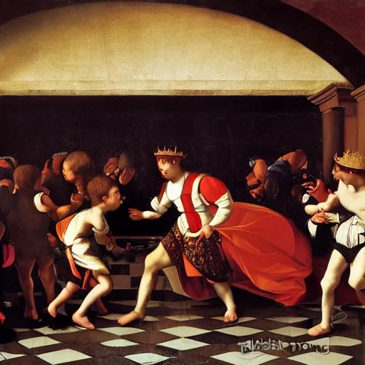 Image similar to family fighting at burger king, renaissance, high quality high detailed painting by caravaggio, hd, photorealistic lighting