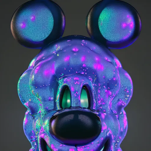 Image similar to counterfeit mickey mouse, fractal, broken, wet, melting, fractured, mycelium, cubensis, radiant alien, rococo, baroque, automotive, bio-mechanical, porcelain, iridescent, sub surface scattering, unreal engine, octane render