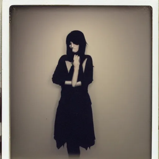 Prompt: polaroid depicting an emo woman as an exhibit in an art gallery