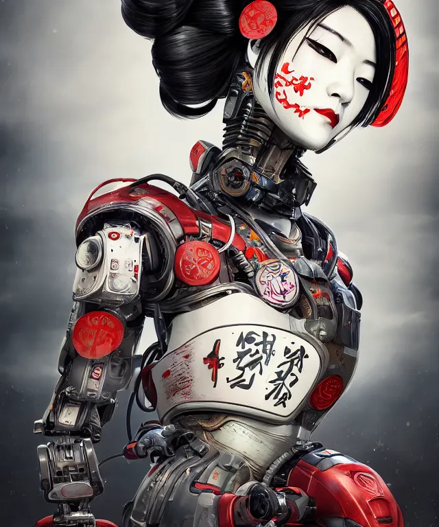 Image similar to an epic fantastic realism comic book style portrait painting of a japanese robotic geisha with kanji tattoos and decals, apex legends, octane render, intricate detail, 4 k hd, unreal engine 5, ex machina, irobot