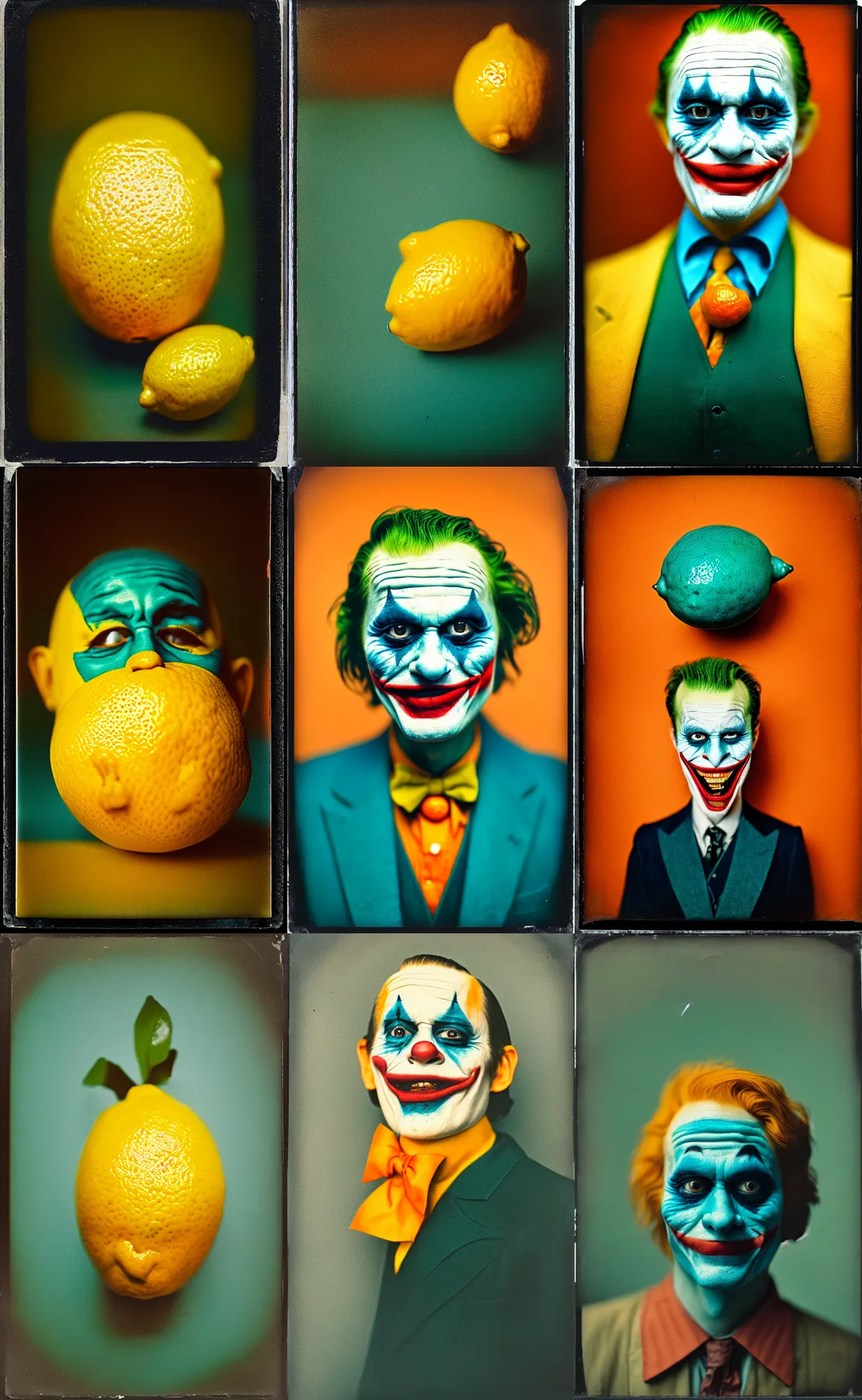 Image similar to kodak portra 4 0 0, wetplate, 8 k, shot of a highly detailed, britt marling style, colour still - life portrait of a lemon looks like 1 9 9 9 joker, teal and orange, muted coloures