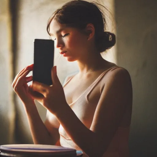 Prompt: a roman painting of a girl playing on her phone, 5 0 mm lens, f 1. 4, sharp focus, ethereal, emotionally evoking, head in focus, volumetric lighting, 8 k
