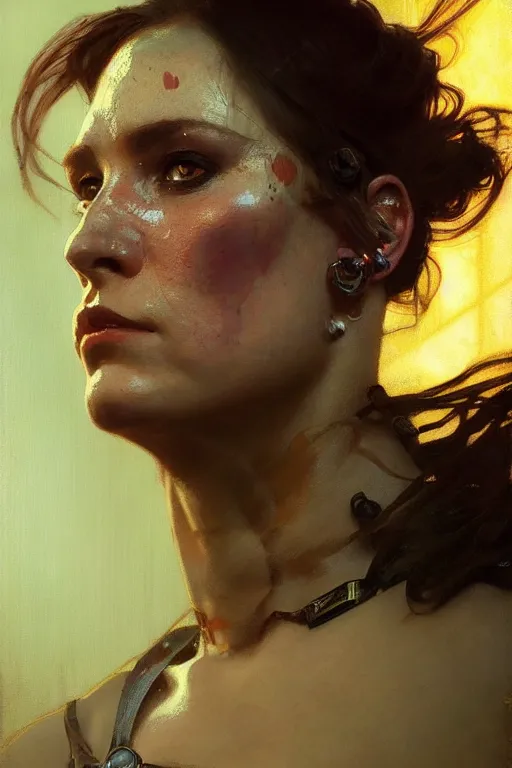 Image similar to hyperrealist portrait of lady terminator. by jeremy mann and alphonse mucha, fantasy art, photo realistic, dynamic lighting, artstation, poster, volumetric lighting, very detailed faces, 8 k, award winning, golden hour