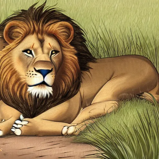 Image similar to Lion resting in the shade, thick outlined Cartoon for children's book 2-4 years, ArtStation, sharp focus, 4k