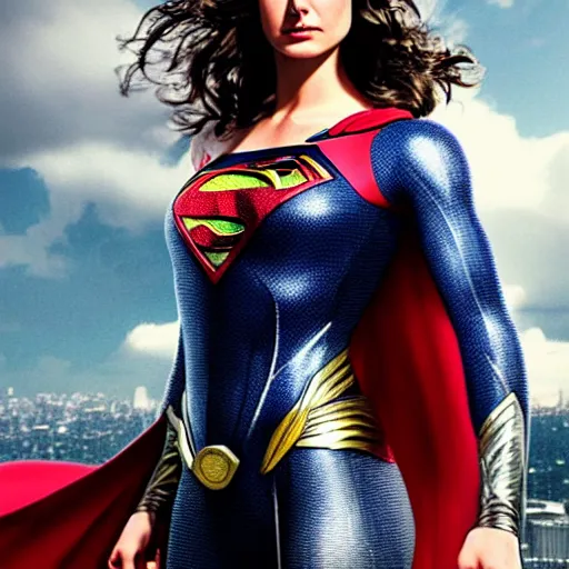 Image similar to an potrait of gal Gadot cast of movie man of steel and wearing a superman suit, photorealistic high detail, view from below, full shot body.