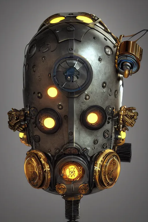 Image similar to steampunk mask minimalist fantasy art robot ninja helmet, global illumination ray tracing hdr fanart arstation by sung choi and eric pfeiffer and gabriel garza and casper konefal radiating a glowing aura