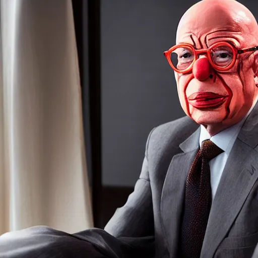 Image similar to UHD candid photo of Klaus Schwab dressed as Dr. No, wearing extremely accurate clown makeup, accurate face, UHD, photorealistic, correct face, photo by Annie Leibowitz