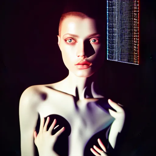 Image similar to hyperrealism photography computer simulation visualisation of parallel universe dramatic scene with beautiful highly detailed ukrainian woman by caravaggio wearing neofuturistic neural interface by josan gonzalez. pentax 6 7, kodak portra 4 0 0 volumetric natural light - s 1 5 0