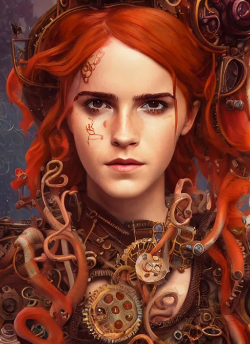 Image similar to underwater steampunk pirate portrait of emma watson, red hair, octopus, hyper detailed, digital art, cinematic lighting, studio quality, smooth render, unreal engine 5, octane rendered, art style by klimt and nixeu and ian sprigger and wlop and krenz cushart.