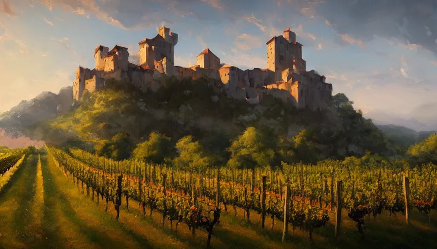 Image similar to a beautiful establishing shot of toussaint castle and vineyards, warm colors by greg rutkowski and kalin popov, trending on artstation, masterpiece,