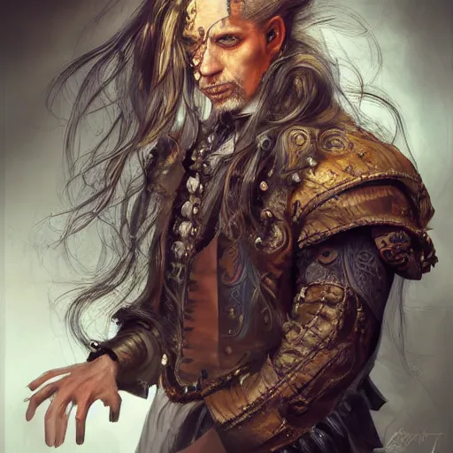 Image similar to portrait, headshot, insanely nice professional hair style, dramatic hair color, digital painting, of a old 17th century, old cyborg merchant, amber jewels, baroque, ornate clothing, scifi, realistic, hyperdetailed, chiaroscuro, concept art, art by Franz Hals and Jon Foster and Ayami Kojima and Amano and Karol Bak,