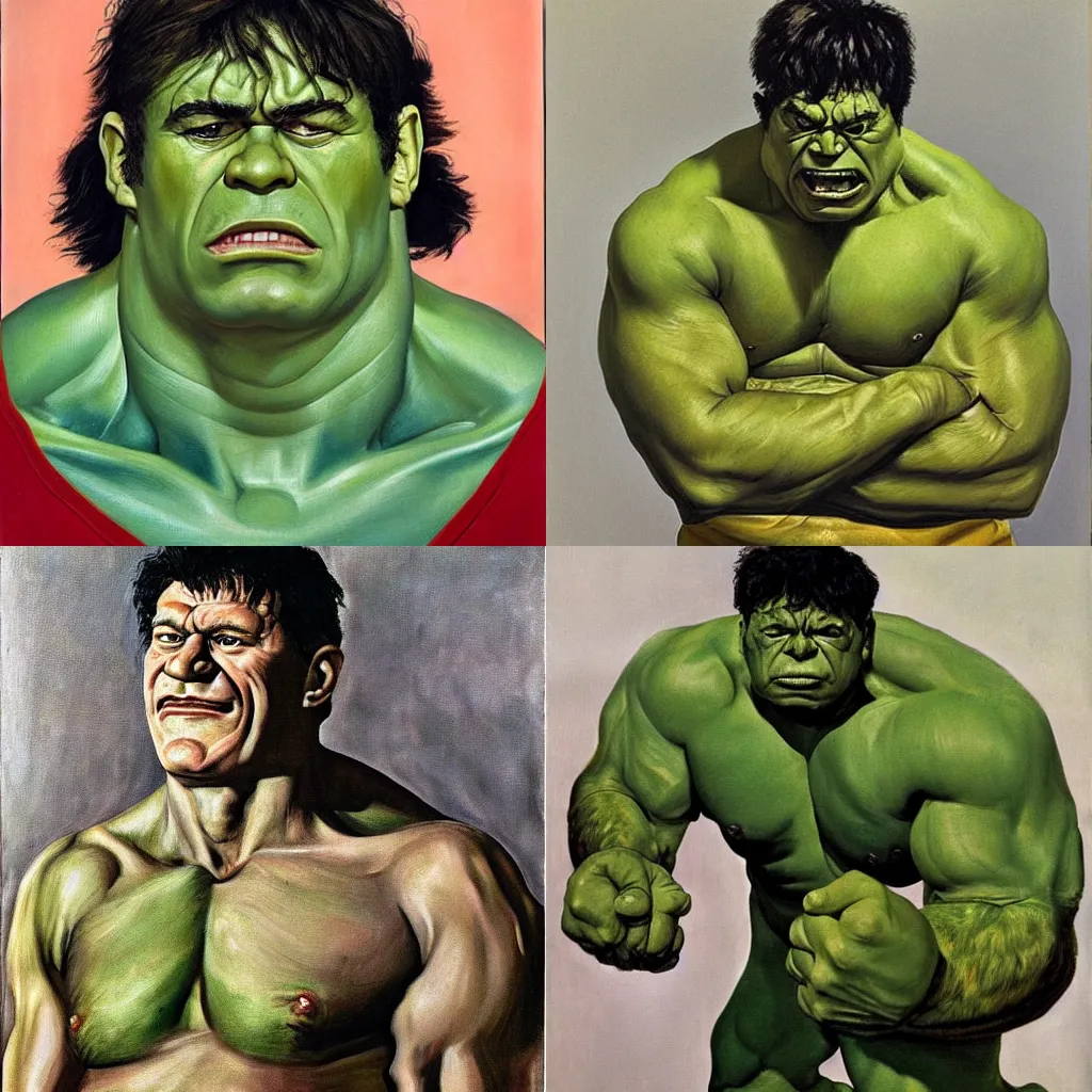 Prompt: portrait of hulk painted by lucian freud