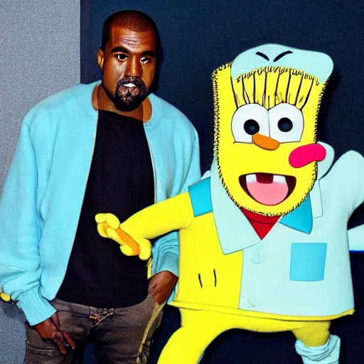 Image similar to Kanye West meeting his idol, Spongebob Squarepants