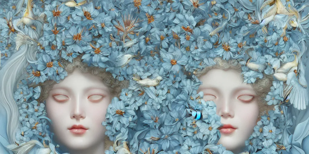 Image similar to breathtaking detailed concept art painting art deco pattern of blonde faces goddesses amalmation light - blue flowers with anxious piercing eyes and blend of flowers and birds, by hsiao - ron cheng and john james audubon, bizarre compositions, exquisite detail, extremely moody lighting, 8 k