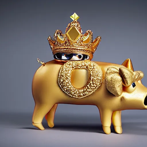 Image similar to pig wearing a gold crown depicted as a muppet holding box 8k