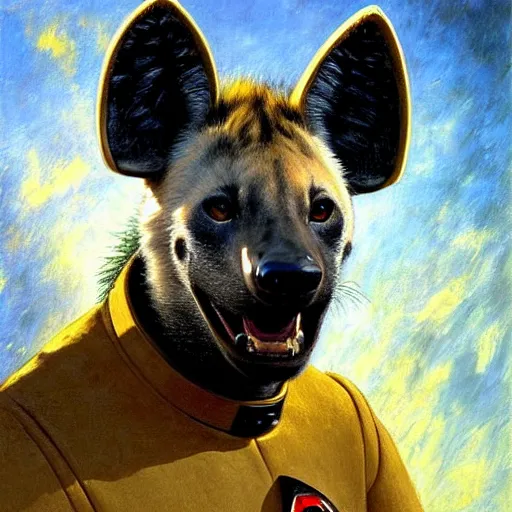 Image similar to a portrait of a hyena hyenaman canine star trek in a starfleet uniform chief engineer. highly detailed painting by gaston bussiere craig mullins jc leyendecker gustav klimt artgerm greg rutkowski furry