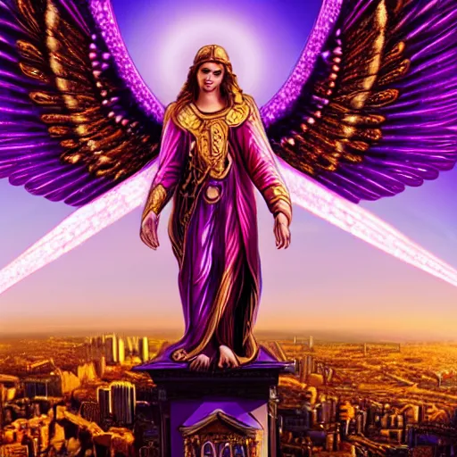 Prompt: a HD photo of a gigantic biblically accurate angel over a city, purple, violet, gold, epic lighting, hyper detailed, throne, rings with eyes