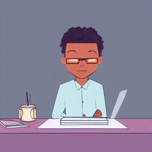 Image similar to fantasy image of lightskinned black man with short hair sitting at a desk, using a macbook, dreamy, pastel, digital illustration, intricate details