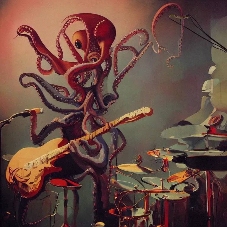 Image similar to a beautiful painting by etam cru of an octopus playing drums and telecaster guitar in an electronic concert, dark background, concert light, dark mood, warm lights