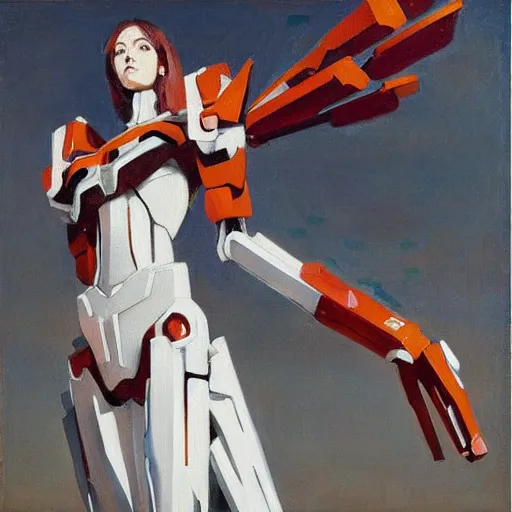 Prompt: evangelion mecha, huge, john mcneill whistler, portrait, woman in white, oil on canvas, highly detailed, gold leaf,
