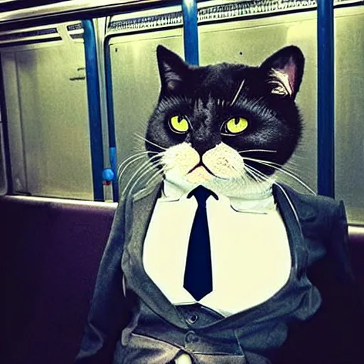 Image similar to “ angry cat wearing a suit riding the subway in new york city, studio ghibli, spirited away, princess mononoke, anime style, by hayao miyazaki ”