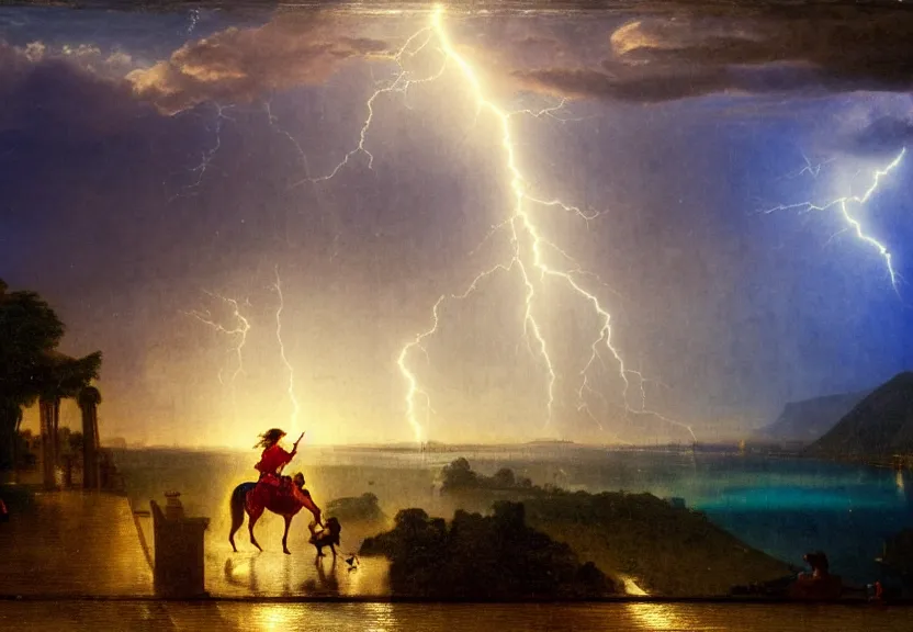 Image similar to Girl riding the horse on the palace bridge, refracted sparkles, thunderstorm, greek pool, beach and Tropical vegetation on the background major arcana sky, by paul delaroche, hyperrealistic 4k uhd, award-winning, very very very detailed