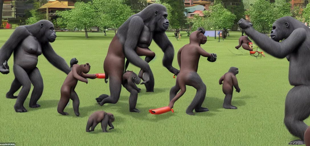 Prompt: intergalactic hotdog battlecruisers are attacking peaceful gorilla families in the city park, daytime, beautiful, families running in fear for their lives, hyper realistic, high definition, highly detailed