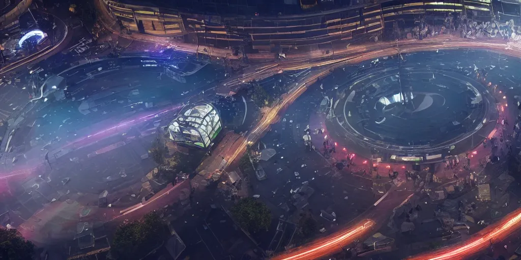 Prompt: policemen protect a huge spiral - shaped luminous object right in the center of the city from protesting people, night, rain and light fog, professional lighting, concept art in 3 d, high detail, professional lighting