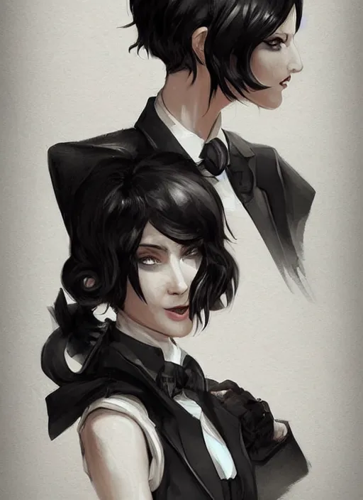 Image similar to a highly detailed illustration of beautiful short black messy haired woman wearing eyepatch!!! and noir style suit and tie, dramatic smiling pose, intricate, elegant, highly detailed, centered, digital painting, artstation, concept art, smooth, sharp focus, league of legends concept art, WLOP