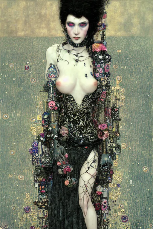 Prompt: beautiful young gothic maiden, cyberpunk, highly detailed, artstation, illustration, art by Gustav Klimt
