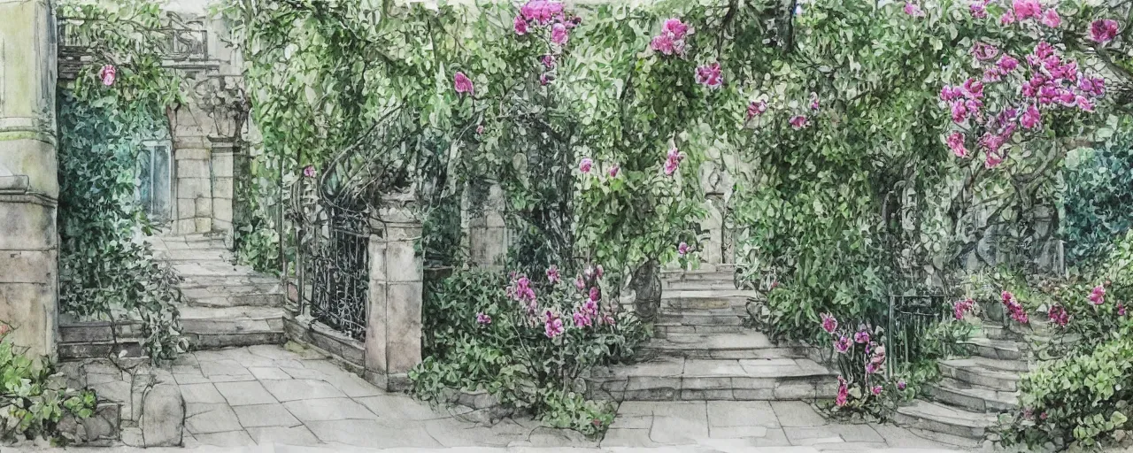 Image similar to wide angle, stairway, chairs, wrought iron gates, tree, delicate water in a botanic garden, garden road, temple in a botanical herbarium paper, watercolor colored painting, iridescent colors, realistic shaded, fine details, artstation, italian style, colonnade, huge flowers, architecture