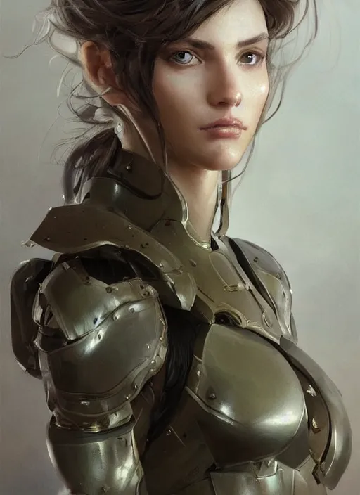 Image similar to a professional painting of a beautiful young female, clothed in military armor, olive skin, long dark hair, beautiful bone structure, symmetrical facial features, intricate, elegant, digital painting, concept art, smooth, sharp focus, illustration, from Metal Gear, by Ruan Jia and Mandy Jurgens and Artgerm and William-Adolphe Bouguerea