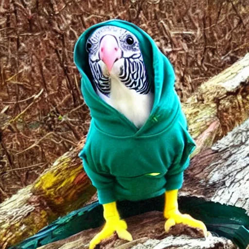 Image similar to a parakeet wearing a Winnie the Pooh hoodie, photo