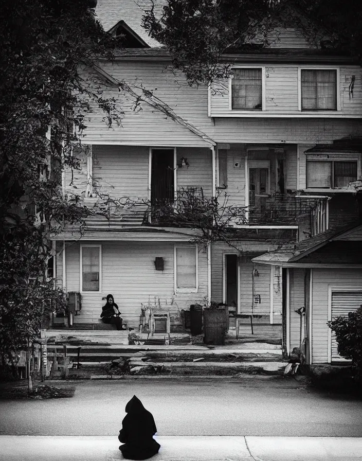 Image similar to “ photography in the style of gregory crewdson, quiet american neighborhood, a woman waiting with a black umbrella ”