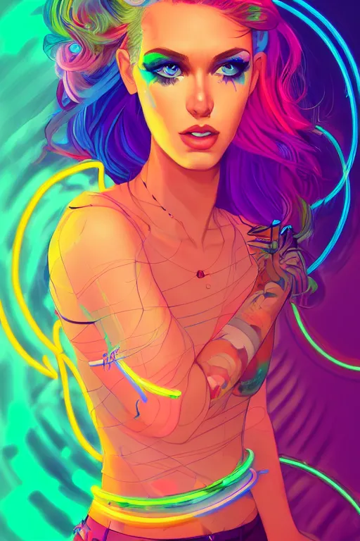 Image similar to a award winning portrait of a beautiful woman with stunning eyes in a one off shoulder crop top and cargo pants with rainbow colored hair, outlined by whirling illuminated neon lines and fine lines swirling in circles by greg tocchini, digital art, trending on artstation