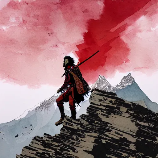 Image similar to painting of a lonesome warrior at the peak of himalayas, style of conrad roset and kentaro miura