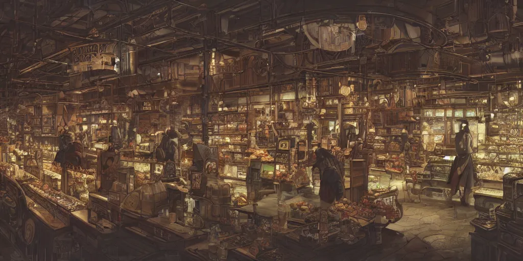 Image similar to Steampunk grocery store overview mapa design, Moebius, Greg Rutkowski, Zabrocki, Karlkka, Jayison Devadas, Phuoc Quan, trending on Artstation, 8K, ultra wide angle, pincushion lens effect